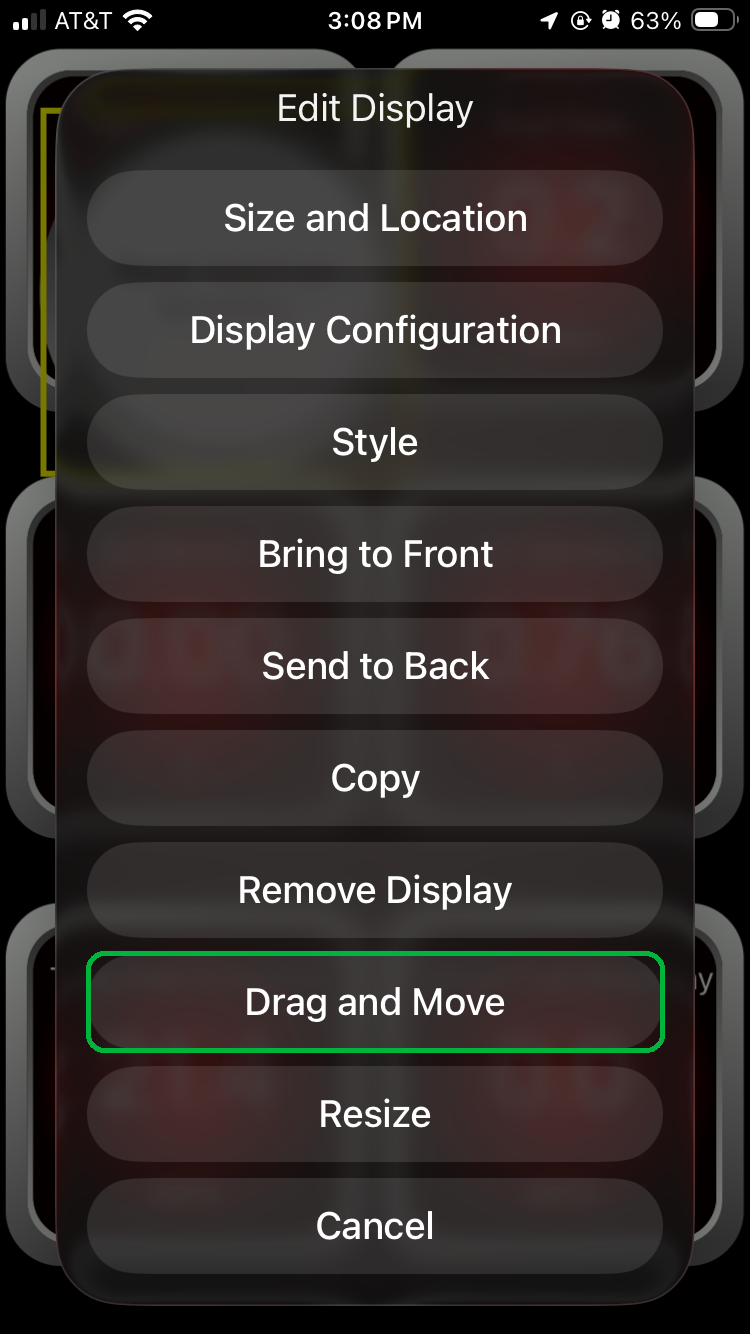 iOS screen showing the Edit Display menu options. The Drag and Move option is highlighted.
