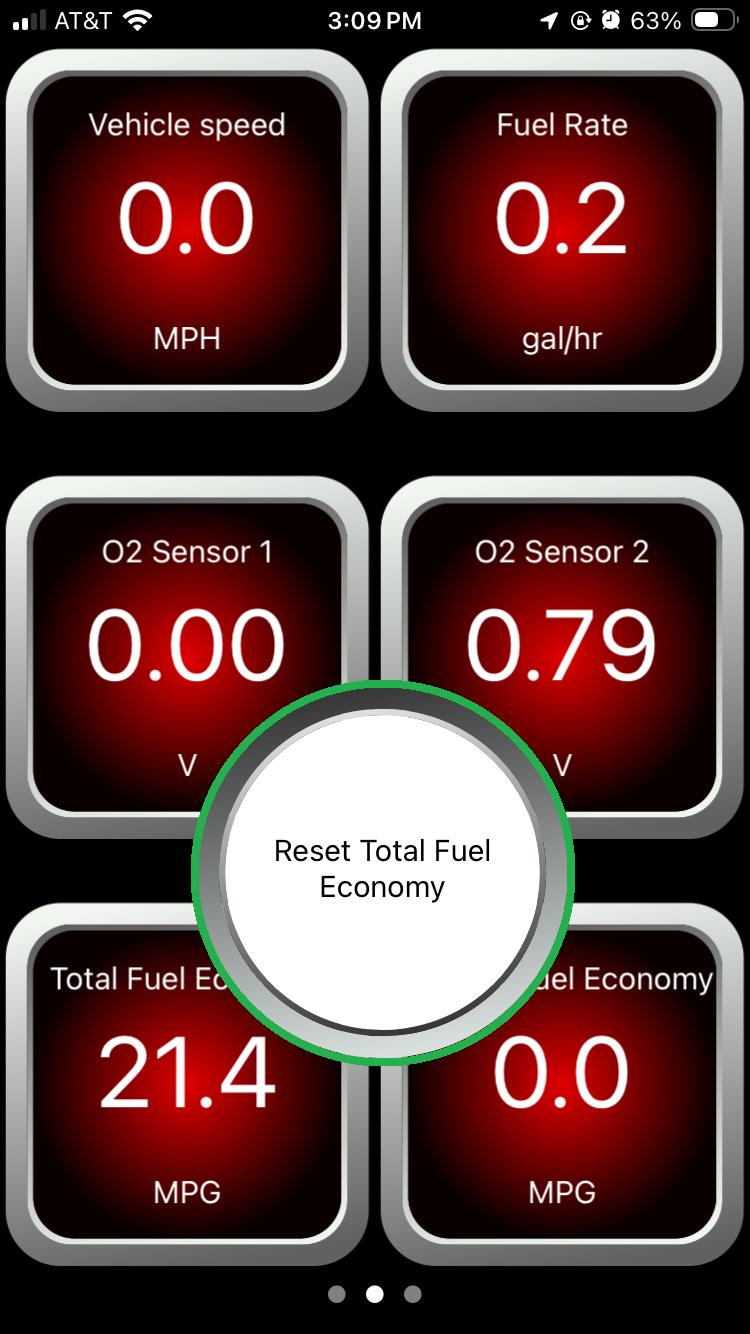 iOS screen showing a dashboard view. The "Reset total fuel economy" push button is highlighted.