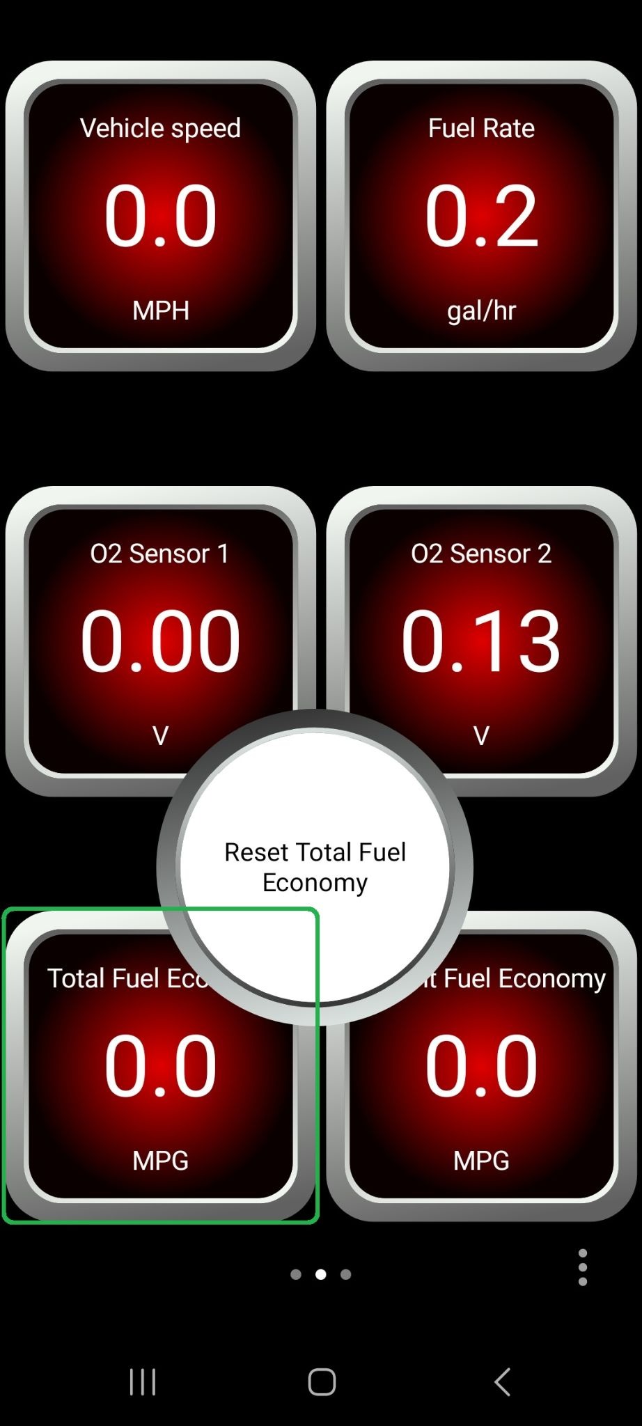 Android screen showing a dashboard view. The Total fuel economy display is highlighted.