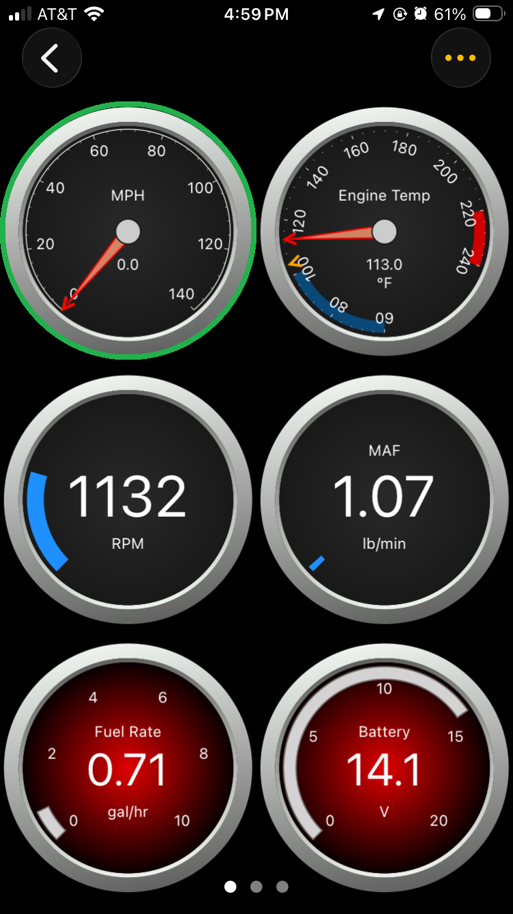 iOS screen showing the first page of dashboard options. The Speedometer display in the upper left is highlighted.