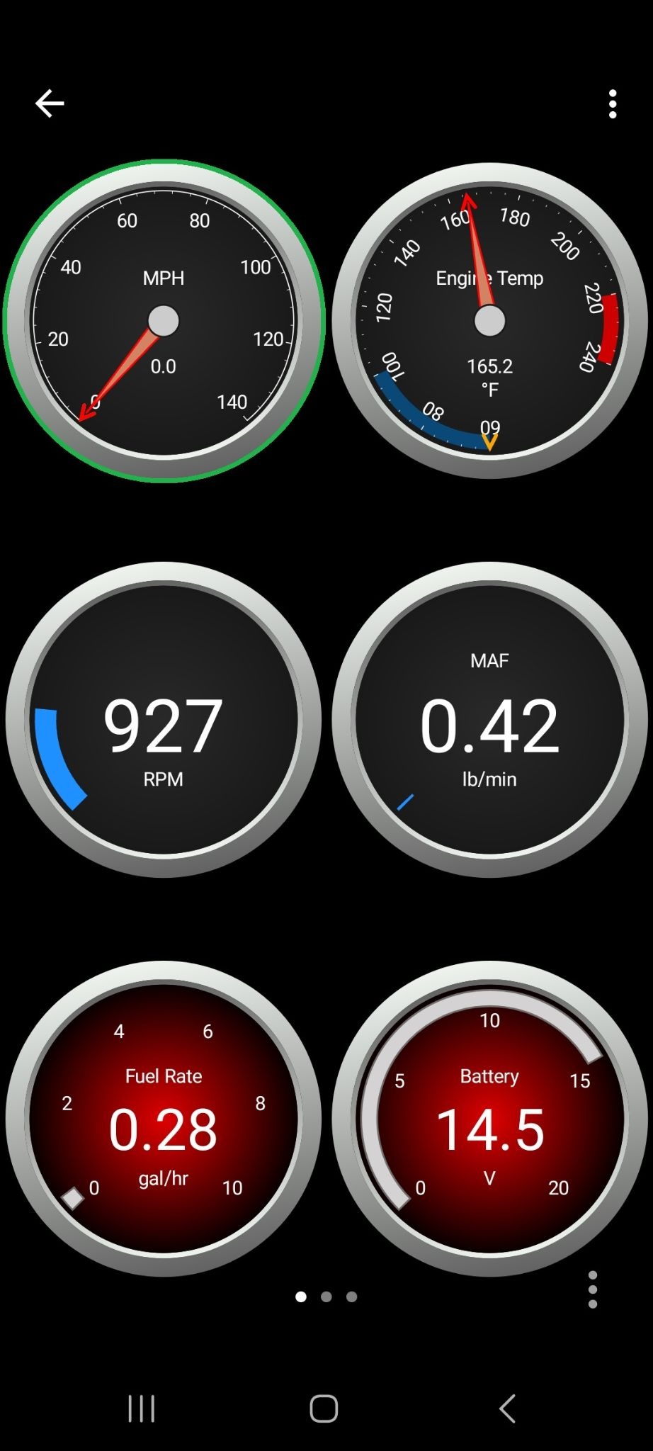 Android screen showing the first page of dashboard options. The Speedometer display in the upper left is highlighted.