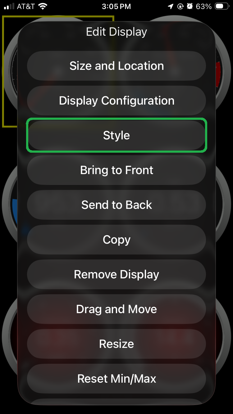 iOS screen showing the Edit Display menu options. The Style option is highlighted.