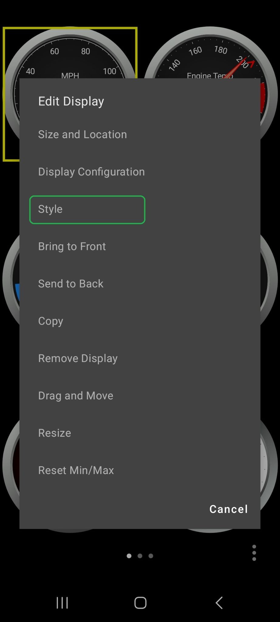 Android screen showing the Edit Display menu options. The Style option is highlighted.