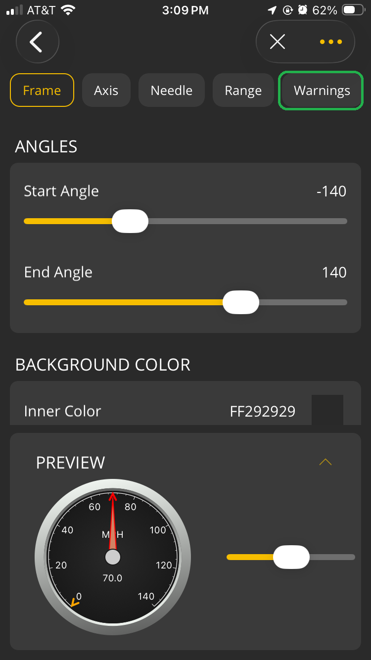 iOS screen showing the Frame tab of the Style menu. The Warnings tab is highlighted.