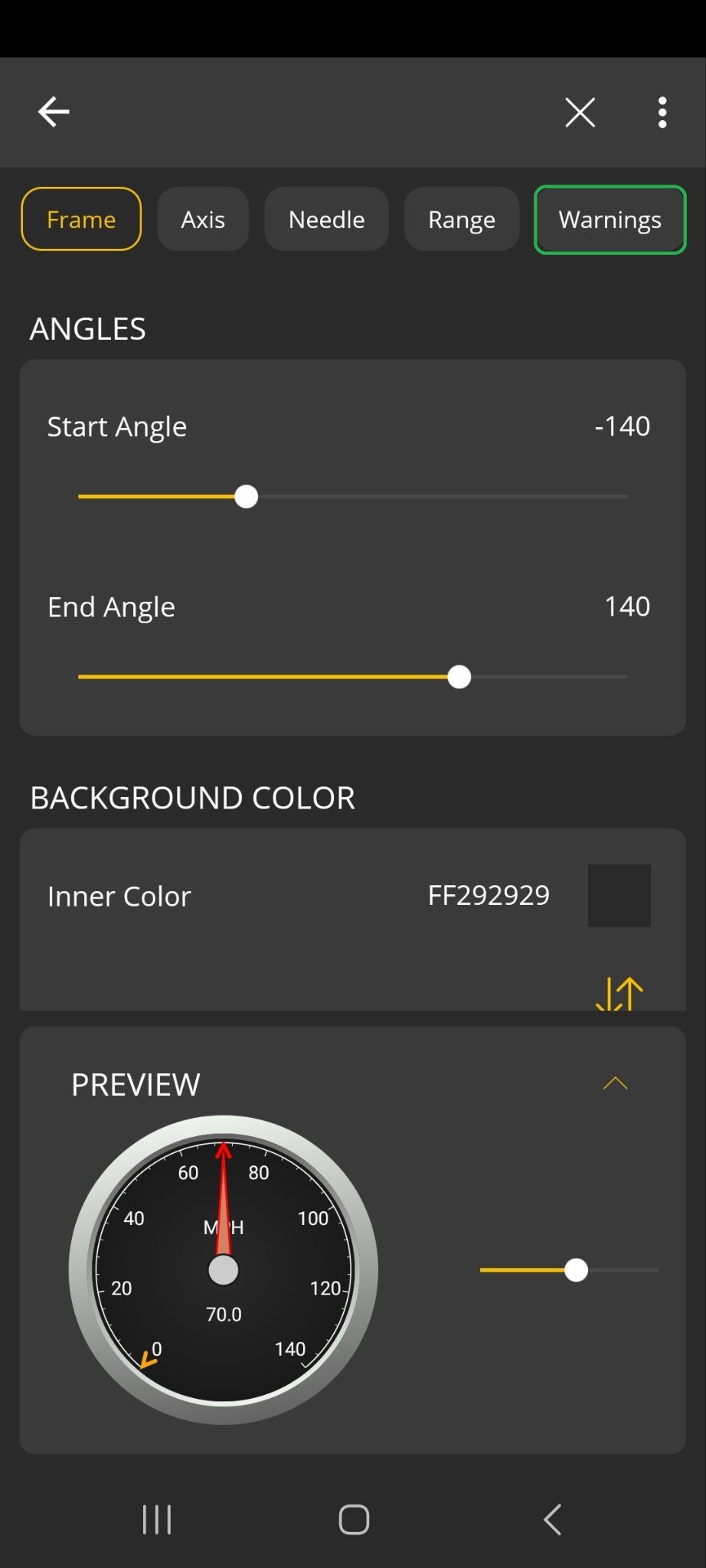 Android screen showing the Frame tab of the Style menu. The Warnings tab is highlighted.