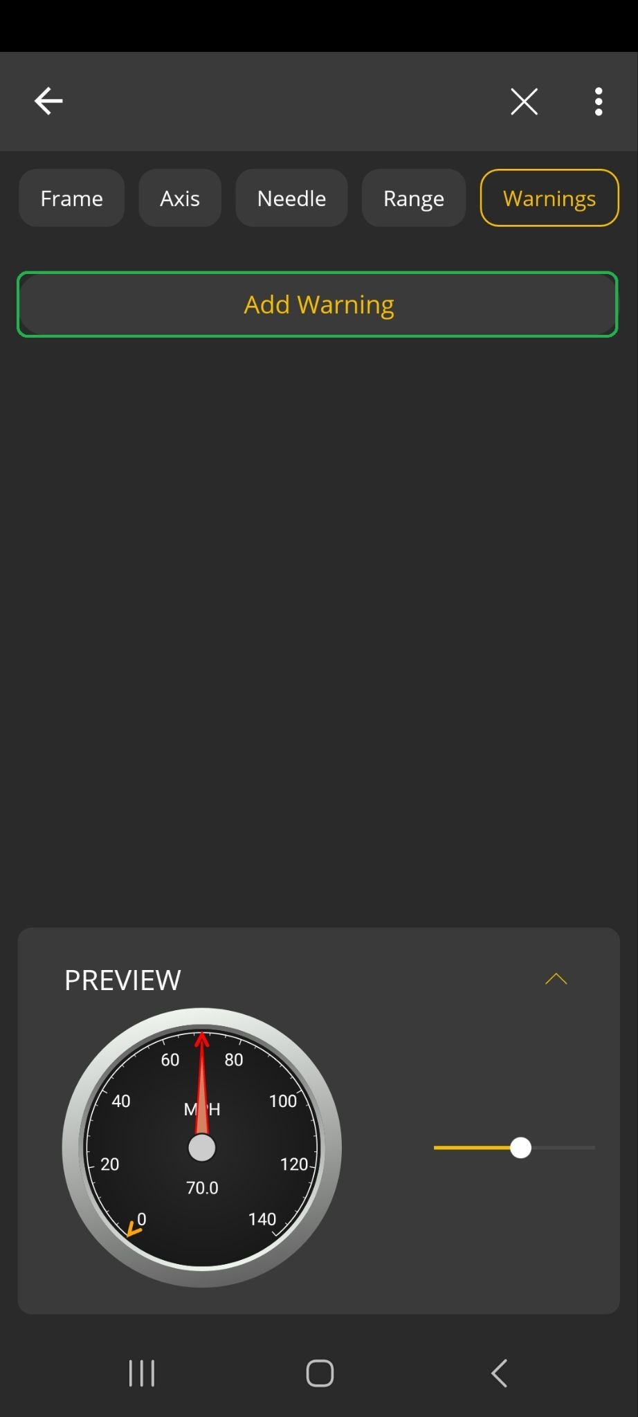 Android screen showing the Warnings tab of the Style menu. The Add Warning button is highlighted.