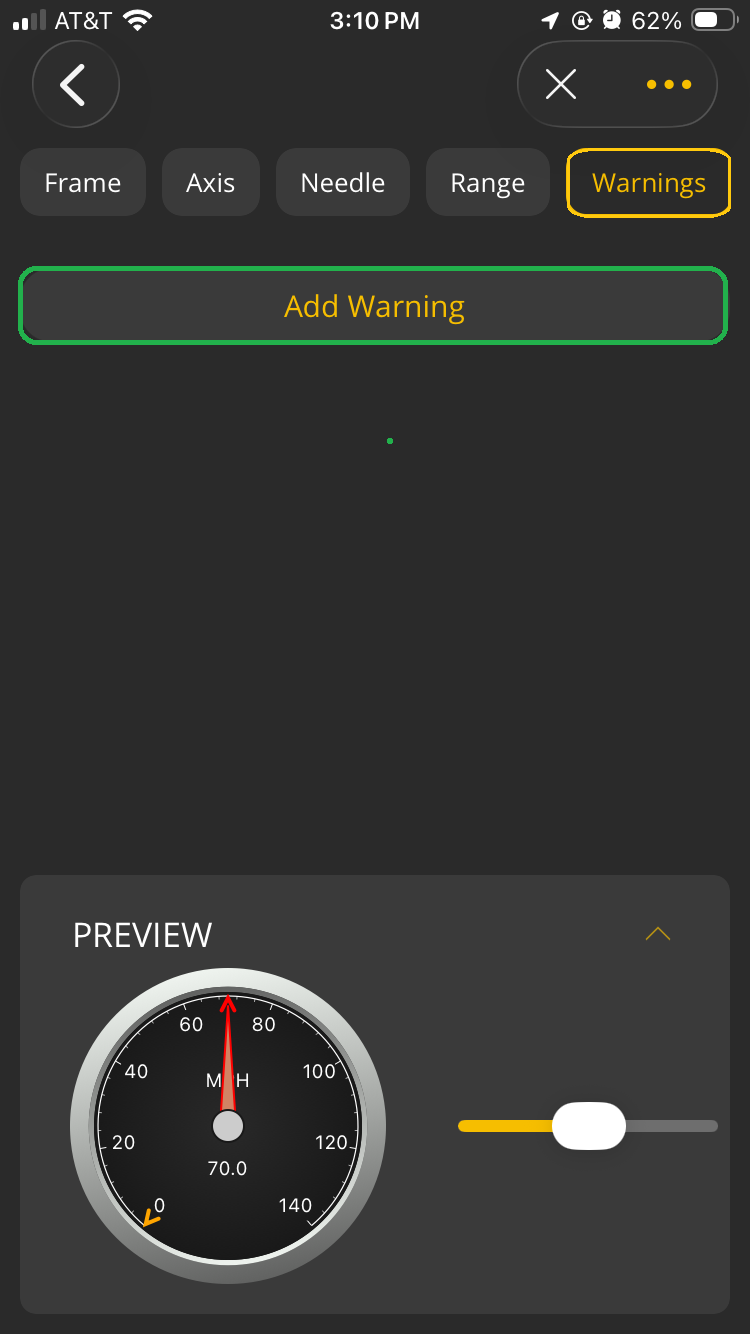 iOS screen showing the Warnings tab of the Style menu. The Add Warning button is highlighted.