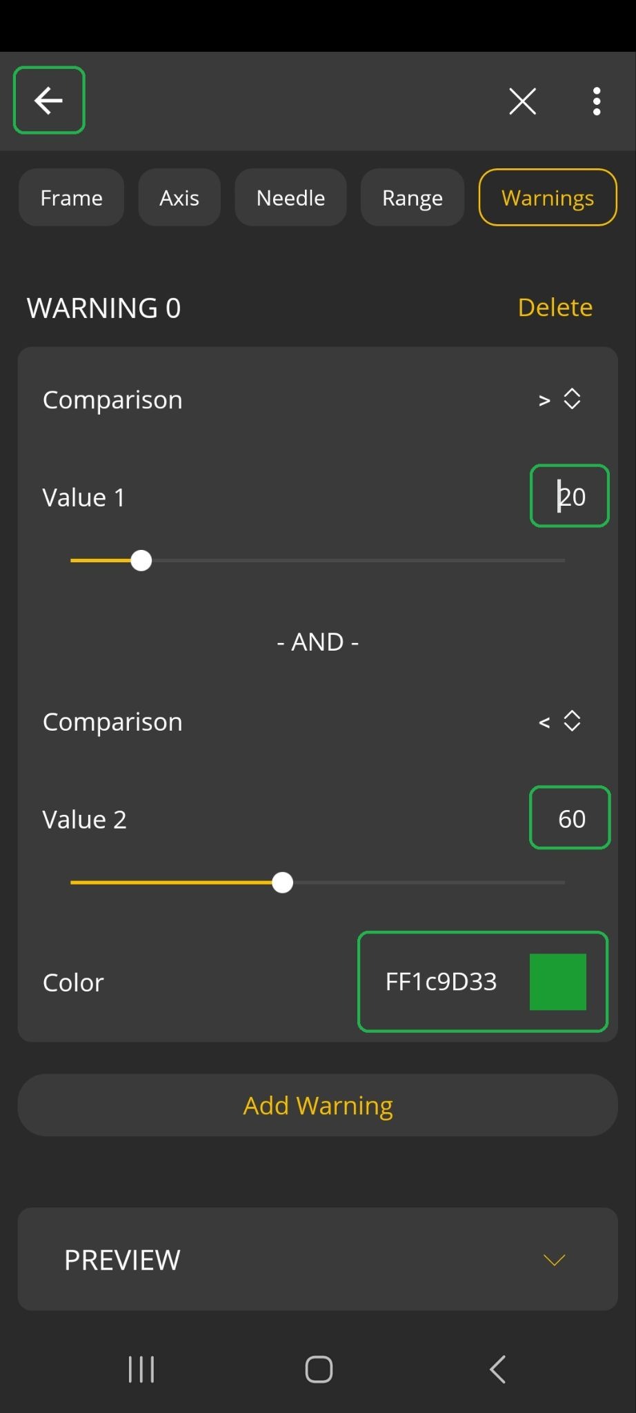 Android screen showing the Warnings tab of the Style menu. The entries for Value 1, Value 2, and Color are highlighted. The Back Arrow is also highlighted.