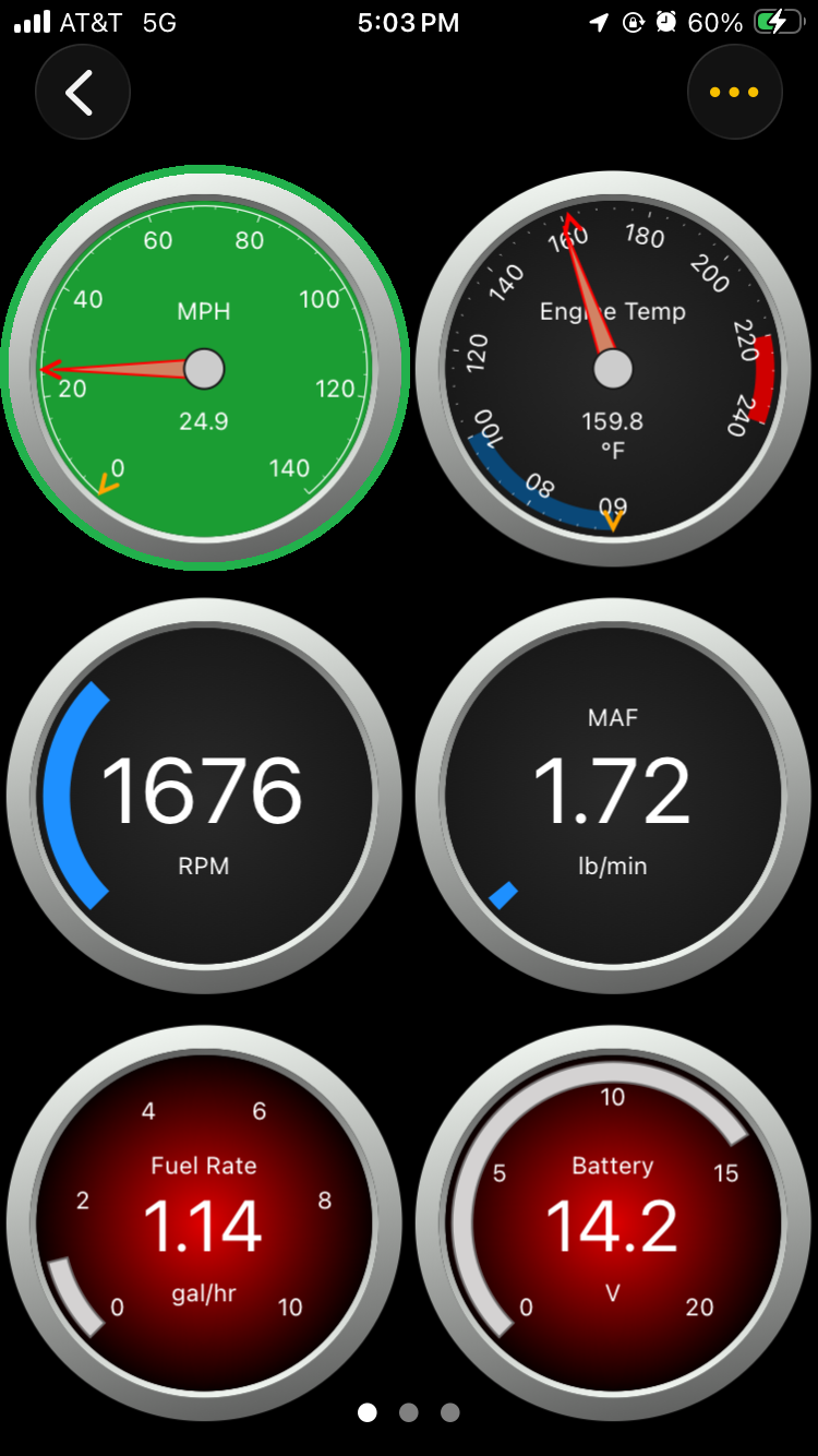 iOS screen showing the first page of the Dashboards screen. The speedometer display has a green background and is highlighted.