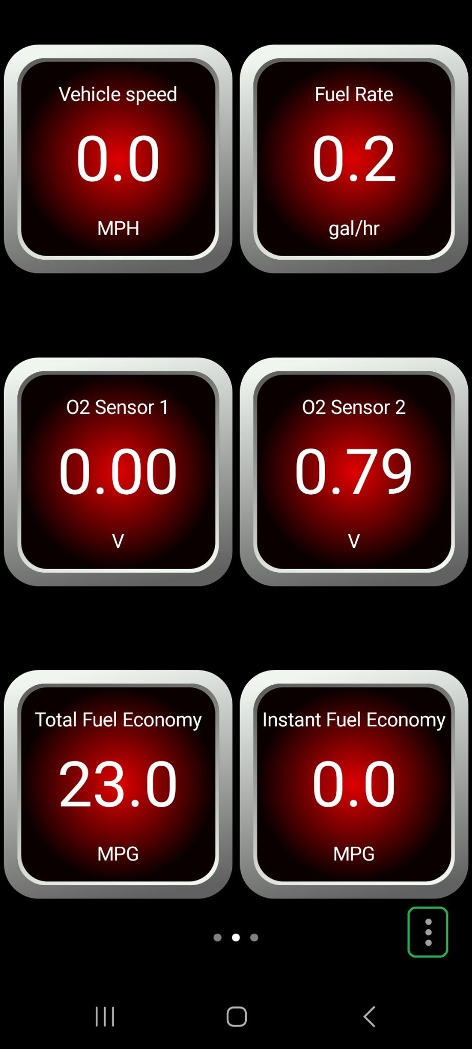 Android screen showing the second page of Dashboard gauges. The 3 dots button in the bottom right corner is highlighted.