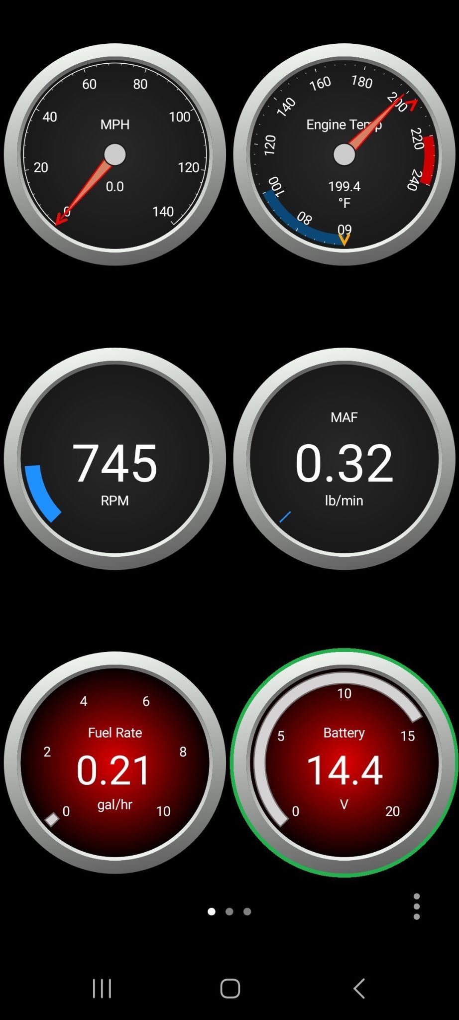 Android screen showing the first page of dashboard options. The Battery gauge is highlighted.