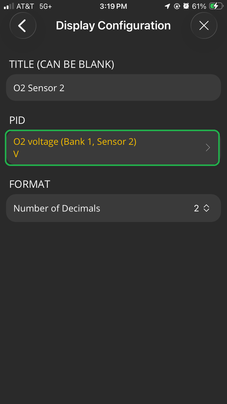 iOS Display Configuration screen. A supported PID is shown in yellow text and is highlighted.