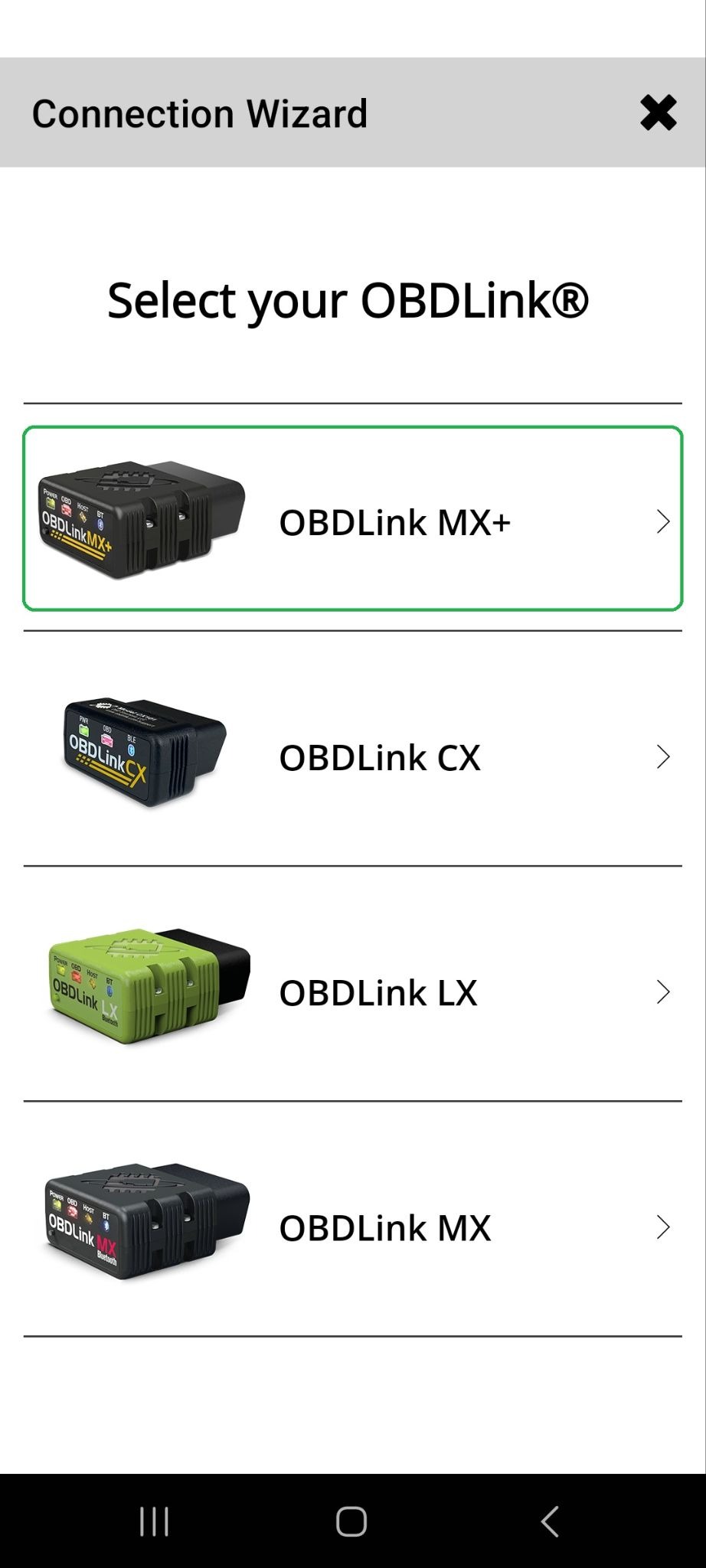 Android Connection Wizard screen with OBDLink MXplus adapter highlighted.