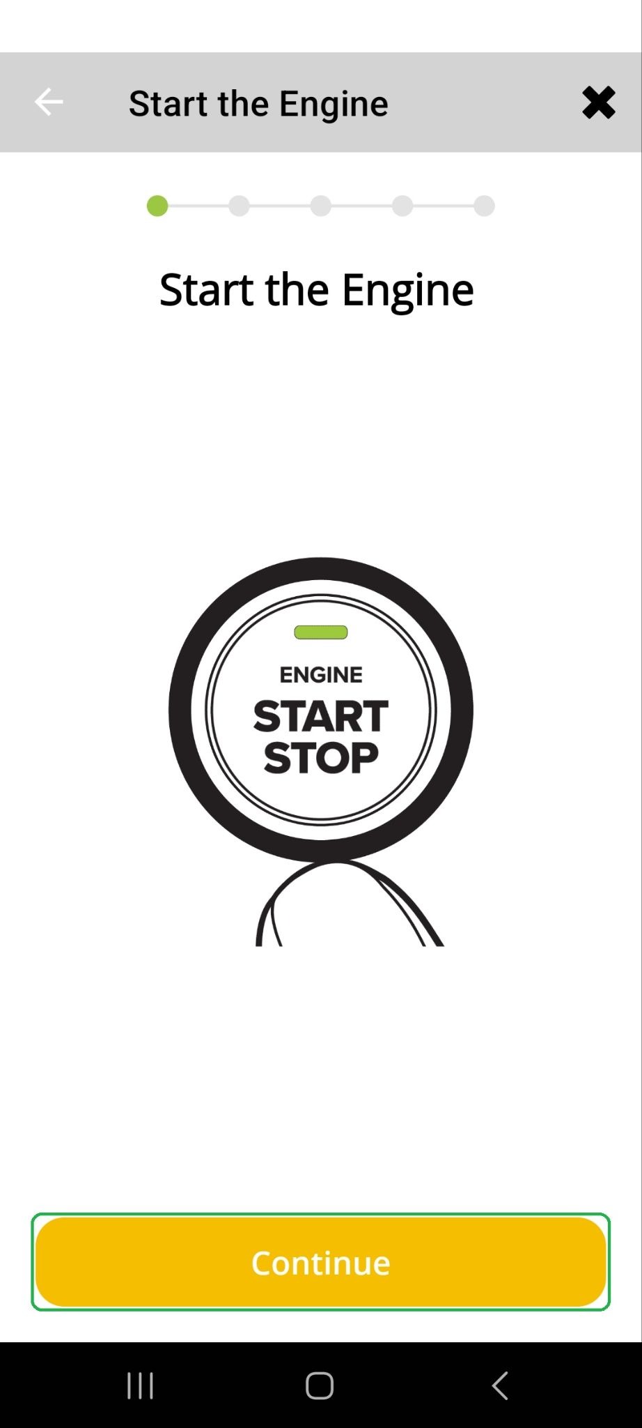 Android Connection Wizard screen showing "Start the Engine" graphic. The Continue button is highlighted.