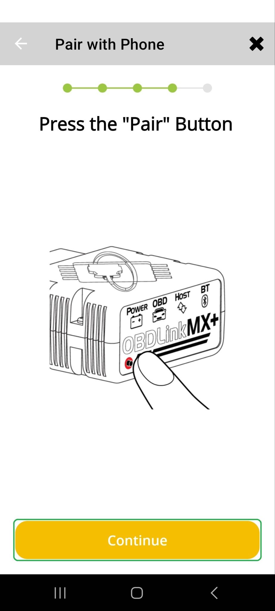 Android Connection Wizard screen showing "Press the Pair button" graphic. The Continue button is highlighted.