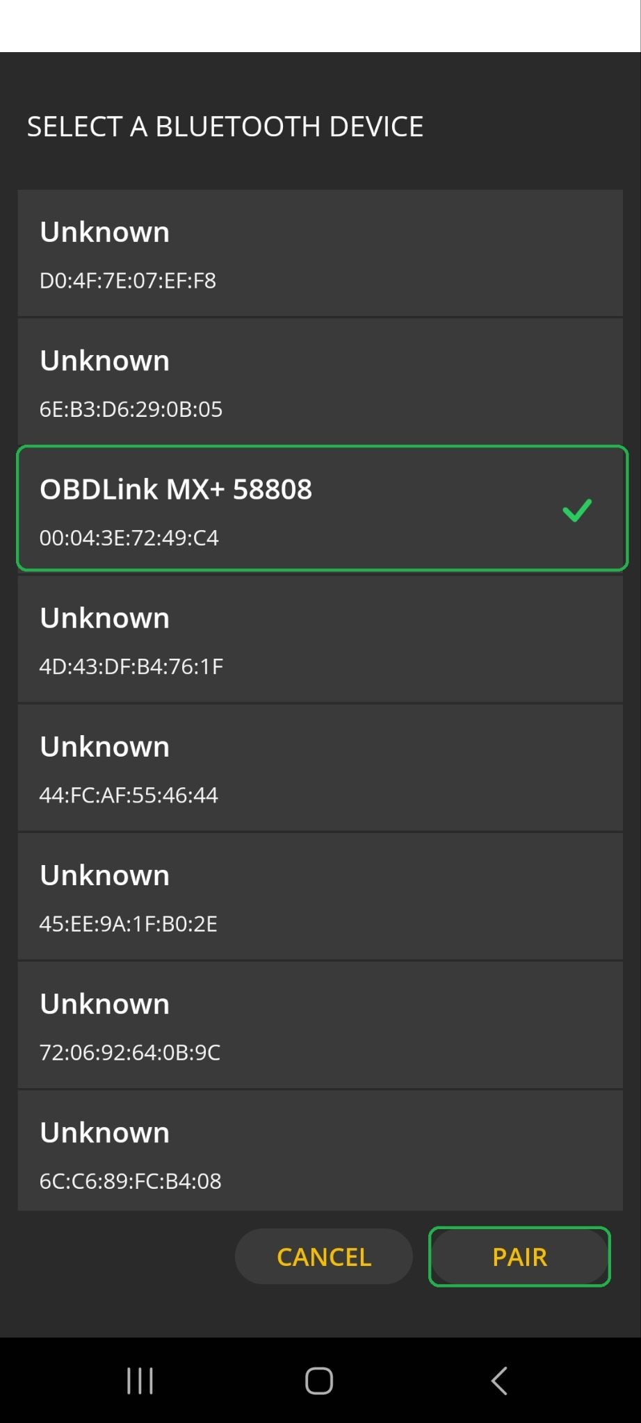 Android Connection Wizard screen showing "Select a bluetooth device" list. OBDLink MXplus is highlighted. The Pair button is also highlighted.