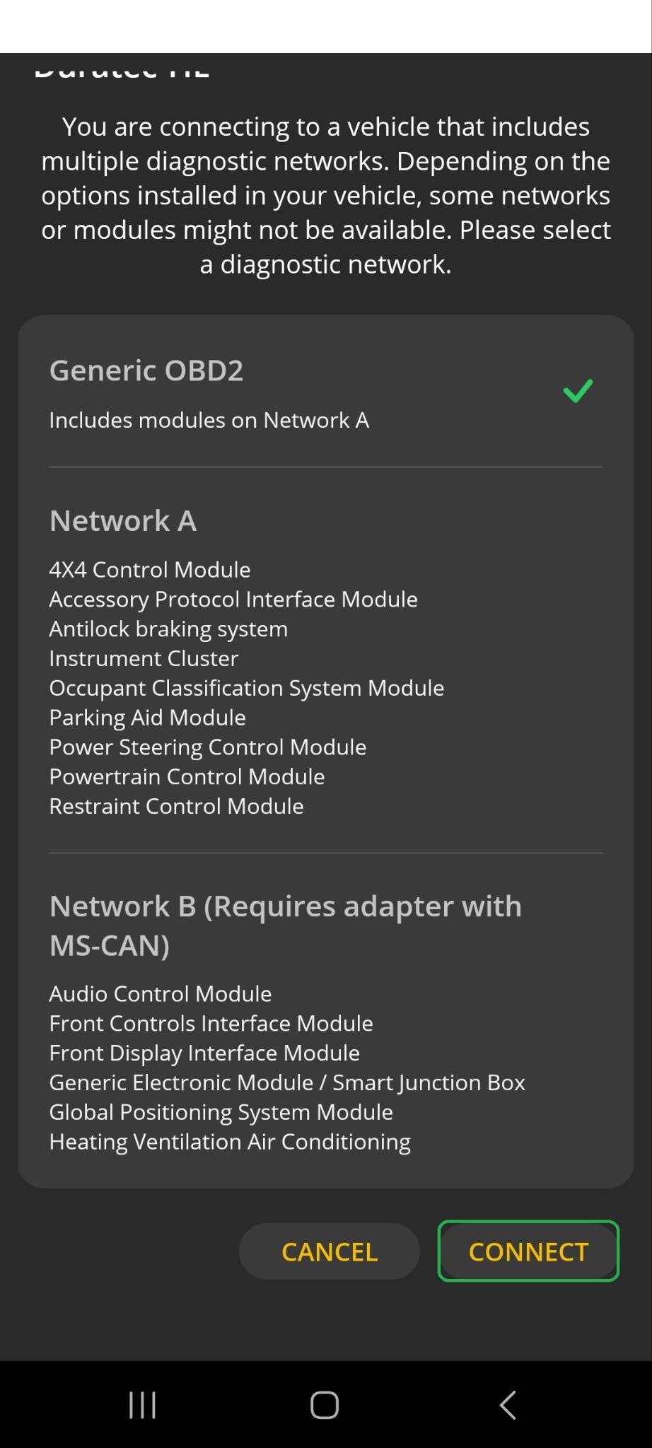 Android screen showing diagnostic network selection options. Generic OBD2 is checked. The Connect button is highlighted.