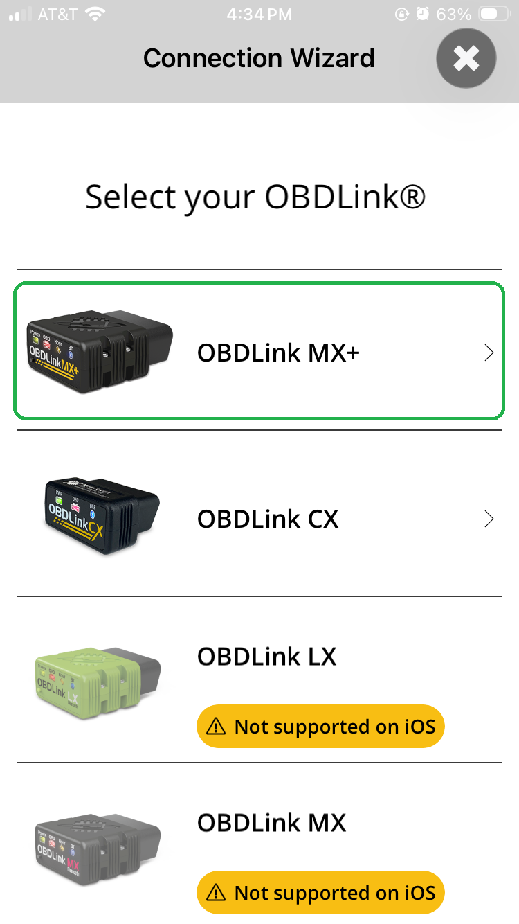iOS Connection Wizard screen with OBDLink MXplus adapter highlighted.