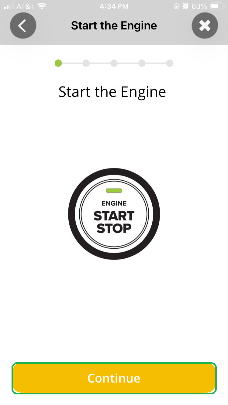 iOS Connection Wizard screen showing "Start the Engine" graphic. The Continue button is highlighted.