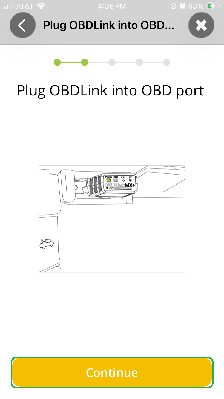 iOS Connection Wizard screen showing "Plug OBDLink into OBD port" graphic. The Continue button is highlighted.