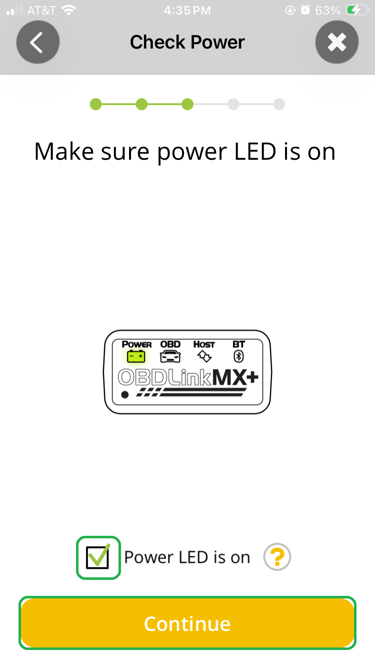 iOS Connection Wizard screen showing "Make sure power LED is on" graphic. The checkbox for Power LED and the Continue button are both highlighted.