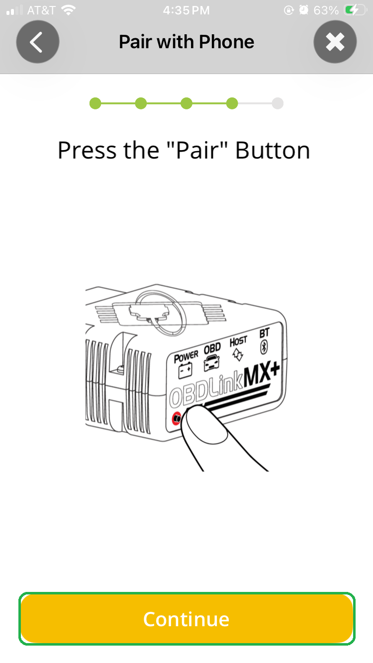 iOS Connection Wizard screen showing "Press the Pair button" graphic. The Continue button is highlighted.