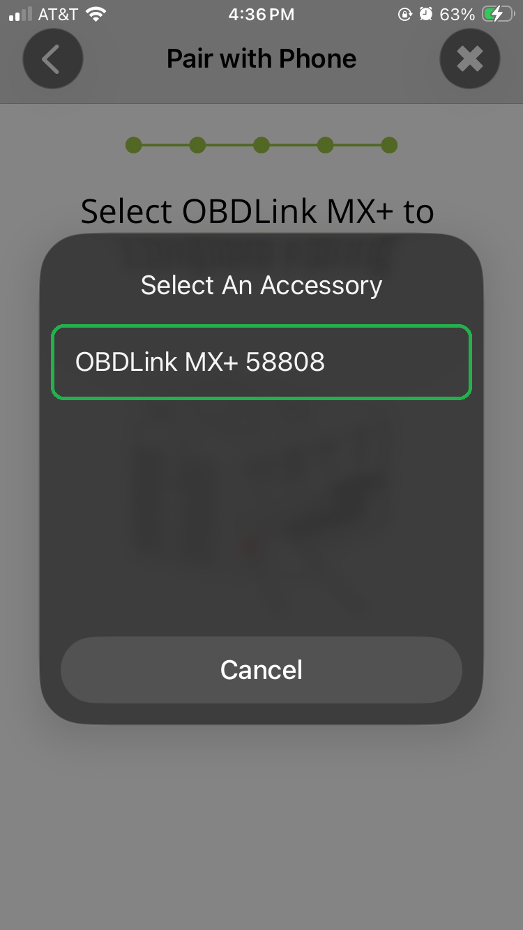 iOS Connection Wizard screen showing "Select An Accessory" graphic. OBDLink MXplus is highlighted.