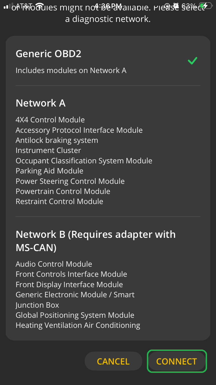 iOS screen showing diagnostic network selection options. Generic OBD2 is checked. The Connect button is highlighted.