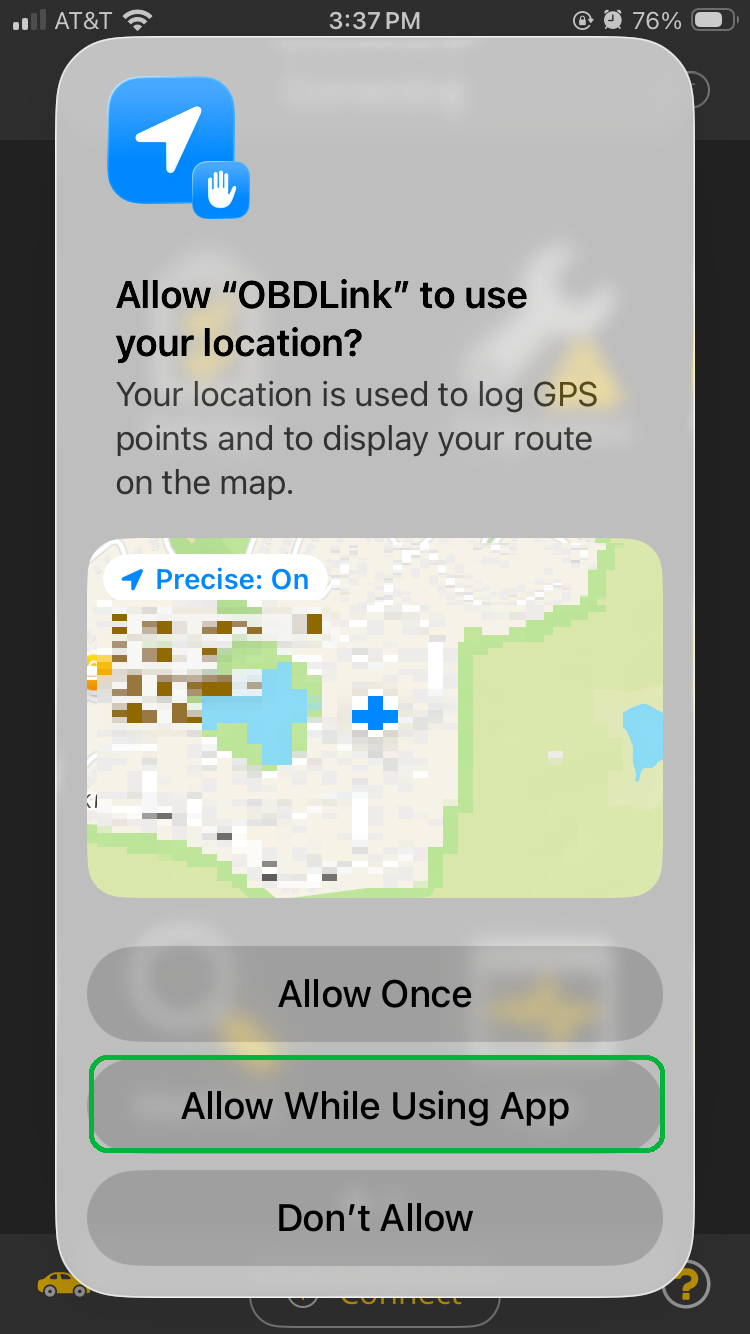 iOS screen asking to allow OBDLink to use your location. The "Allow while using app" option is highlighted.