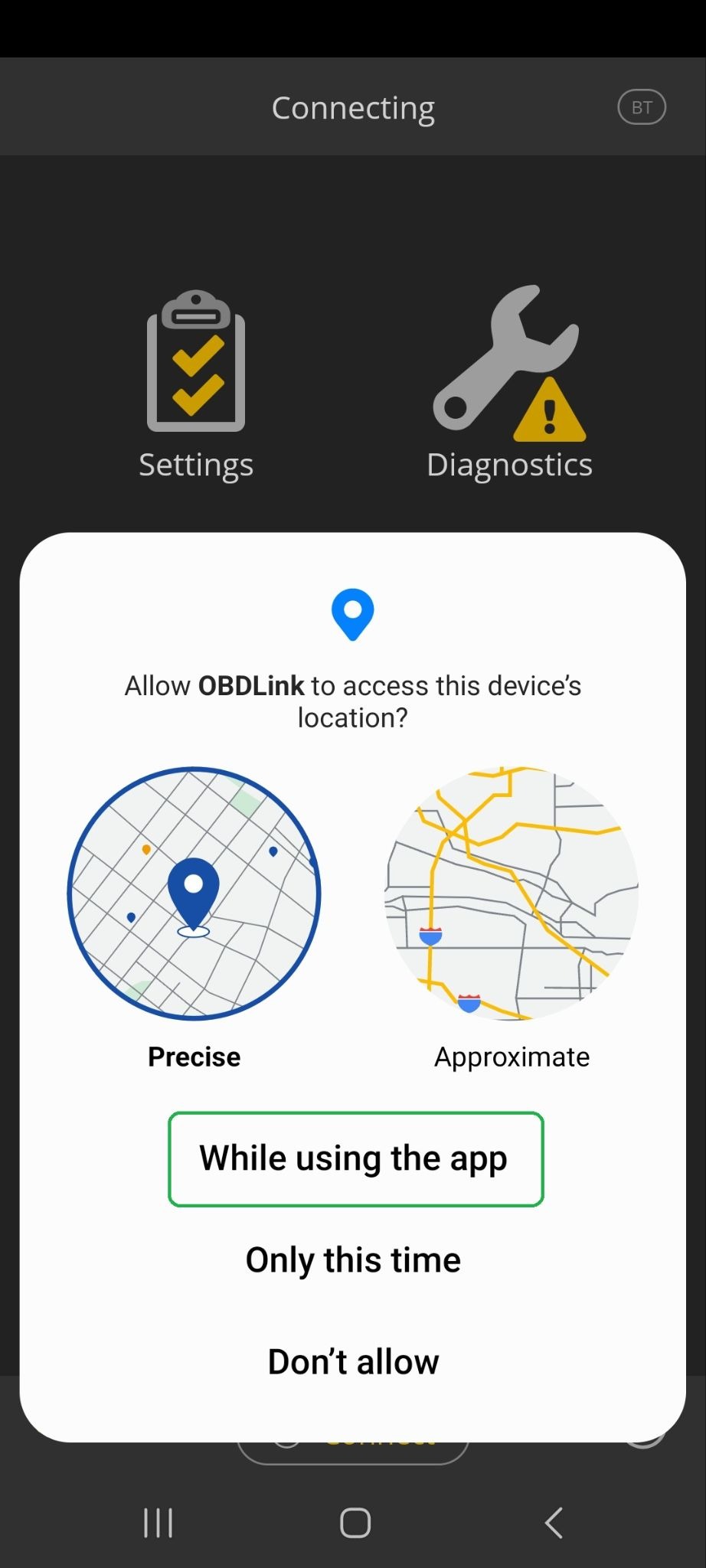 Android screen asking to allow OBDLink to use this device's location. The "while using the app" option is highlighted.