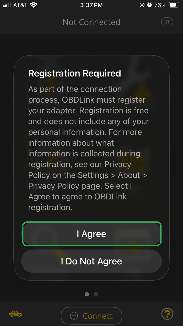 iOS screen with a message that Registration is required. The I Agree option is highlighted.
