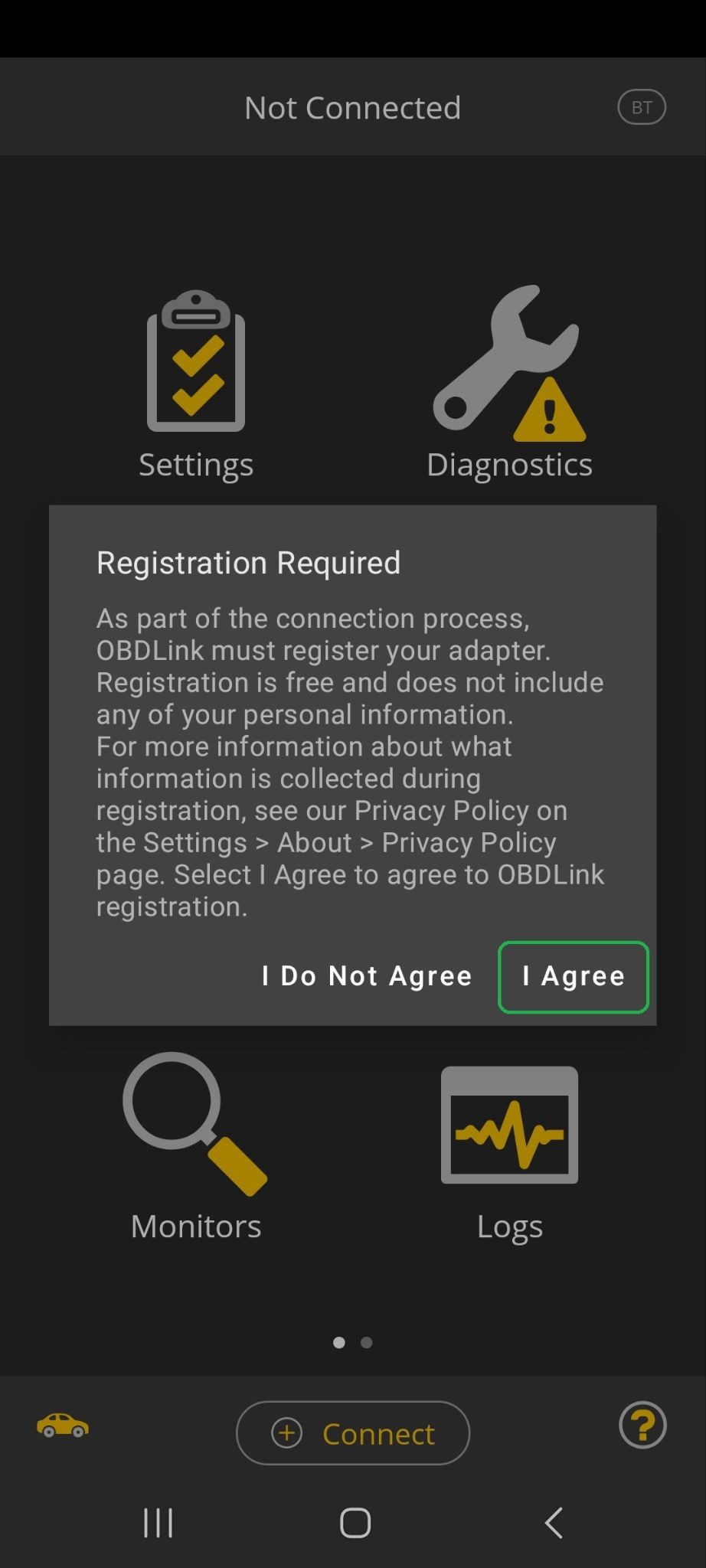 Android screen with a message that Registration is required. The I Agree option is highlighted.