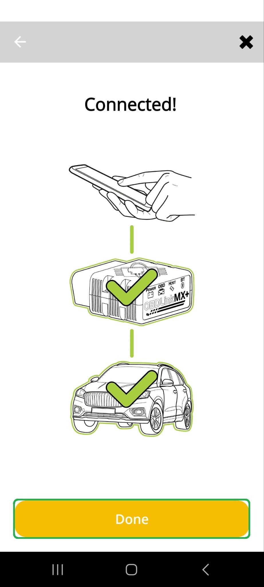 Android Connection Wizard screen showing the final frame of the Connecting animation. The Done button is highlighted.
