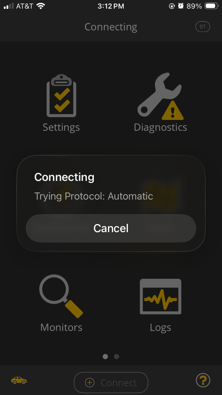 iOS screen showing one of several Connecting messages.