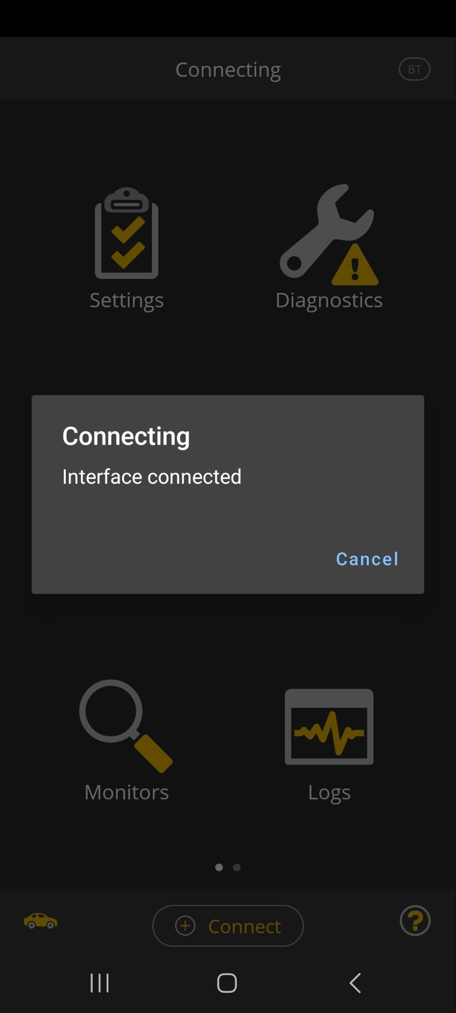 Android screen showing one of several Connecting messages.