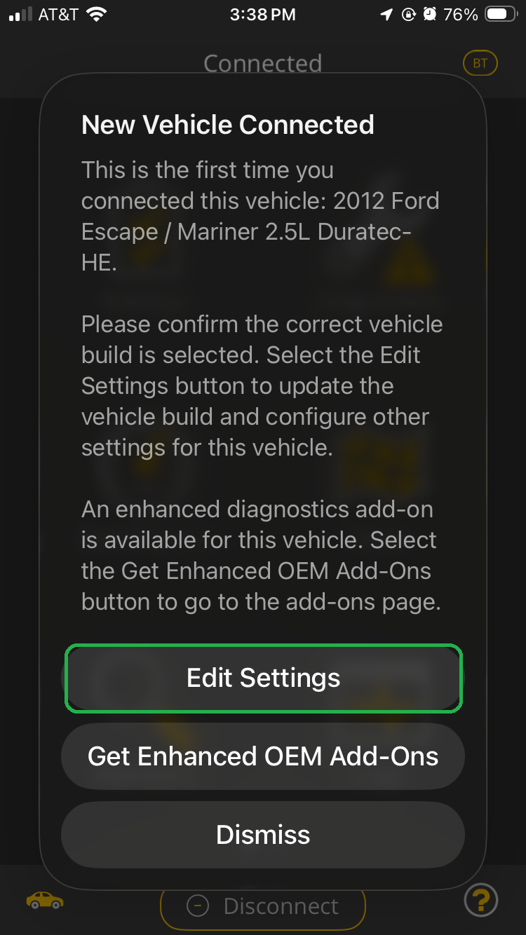 iOS screen showing New Vehicle dialog. The Edit Settings button is highlighted.