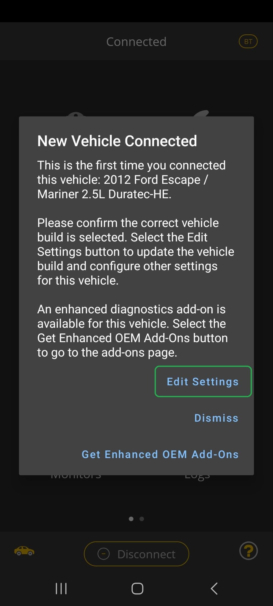 Android screen showing New Vehicle dialog. The Edit Settings button is highlighted.