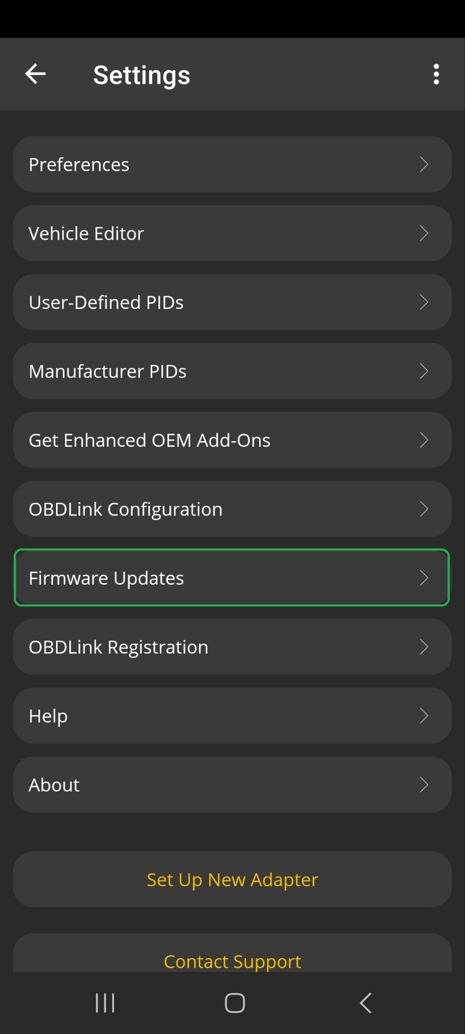 Android Settings screen with the Firmware Updates option highlighted.