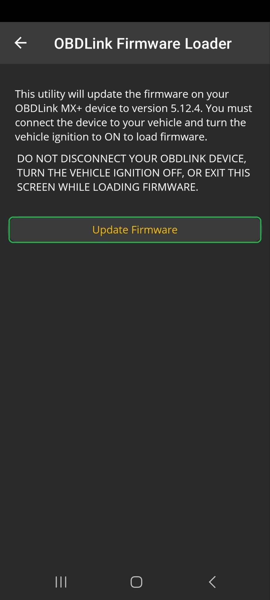 Android Firmware Updates, confirmation screen. The Update Firmware button is highlighted.