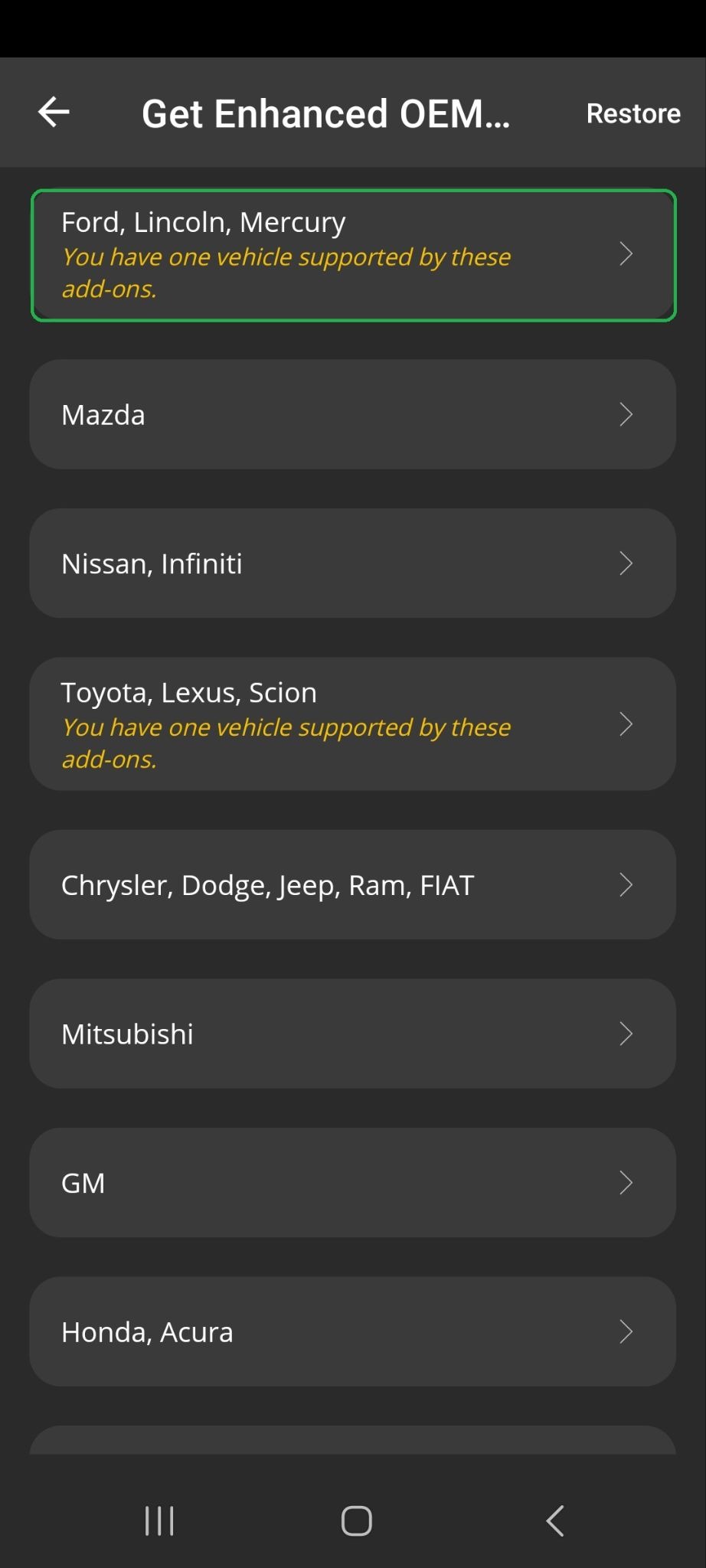 Android screen showing Get Enhanced OEM Add-Ons options. The Ford, Lincoln, Mercury option is highlighted.