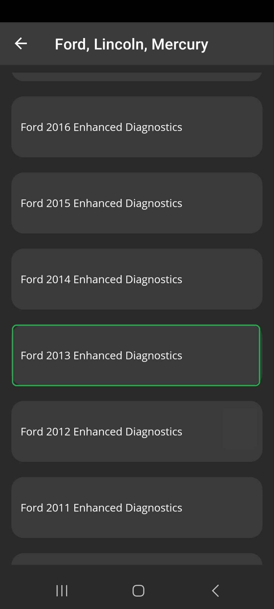 Android screen listing Ford, Lincoln, Mercury enhanced diagnostics by model year. The Ford 2013 button is highlighted.