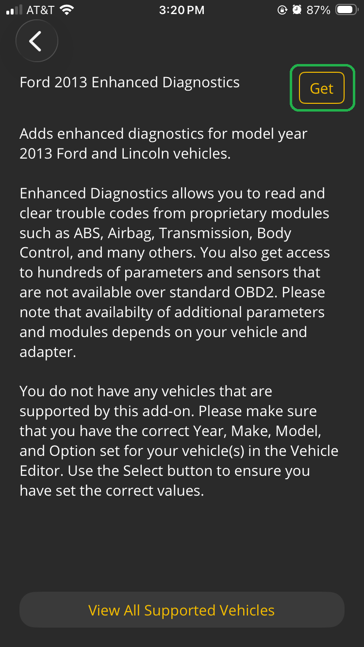 iOS screen showing Ford 2013 Enhanced Diagnostics information. The Get button is highlighted.