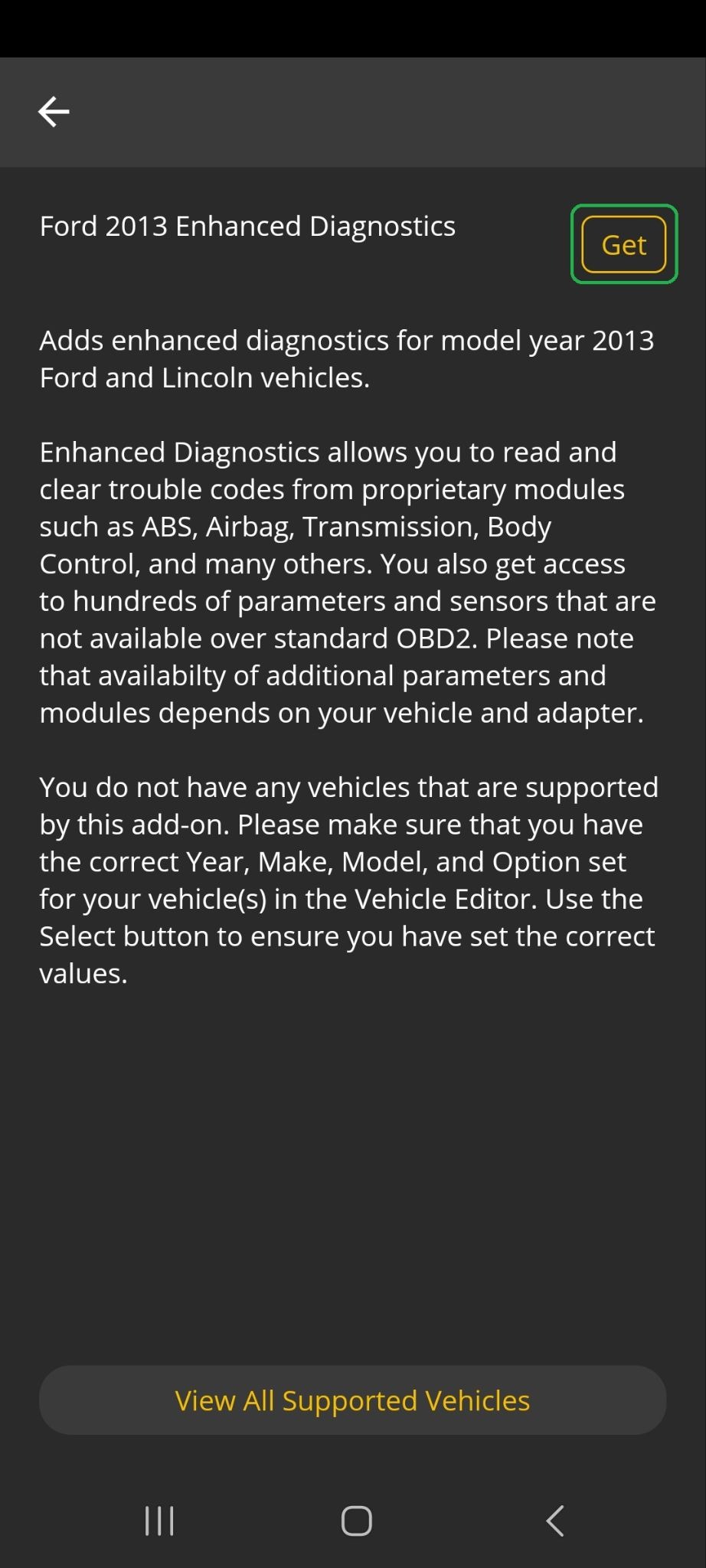 Android screen showing Ford 2013 Enhanced Diagnostics information. The Get button is highlighted.