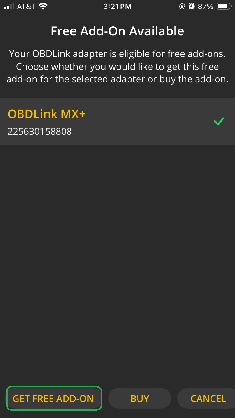 iOS screen showing Free Add-On Available message. The Get Free Add-on button is highlighted.