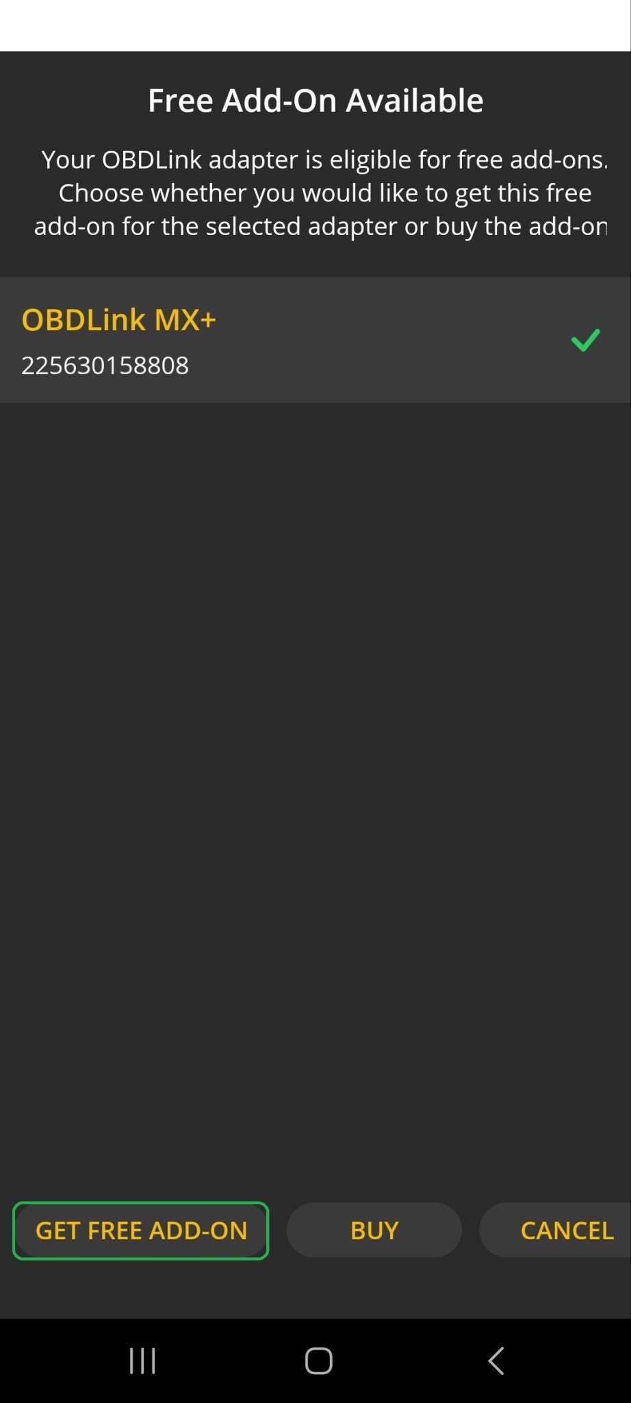 Android screen showing Free Add-On Available message. The Get Free Add-on button is highlighted.