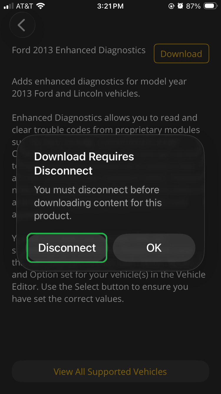 iOS screen showing Download Requires Disconnect message. The Disconnect button is highlighted.