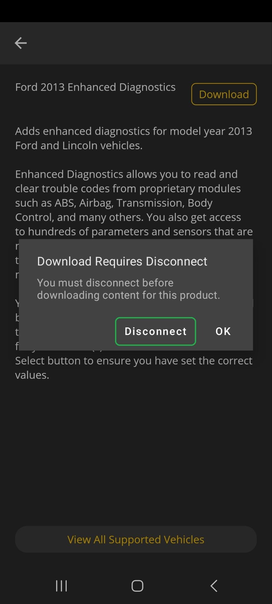 Android screen showing Download Requires Disconnect message. The Disconnect button is highlighted.