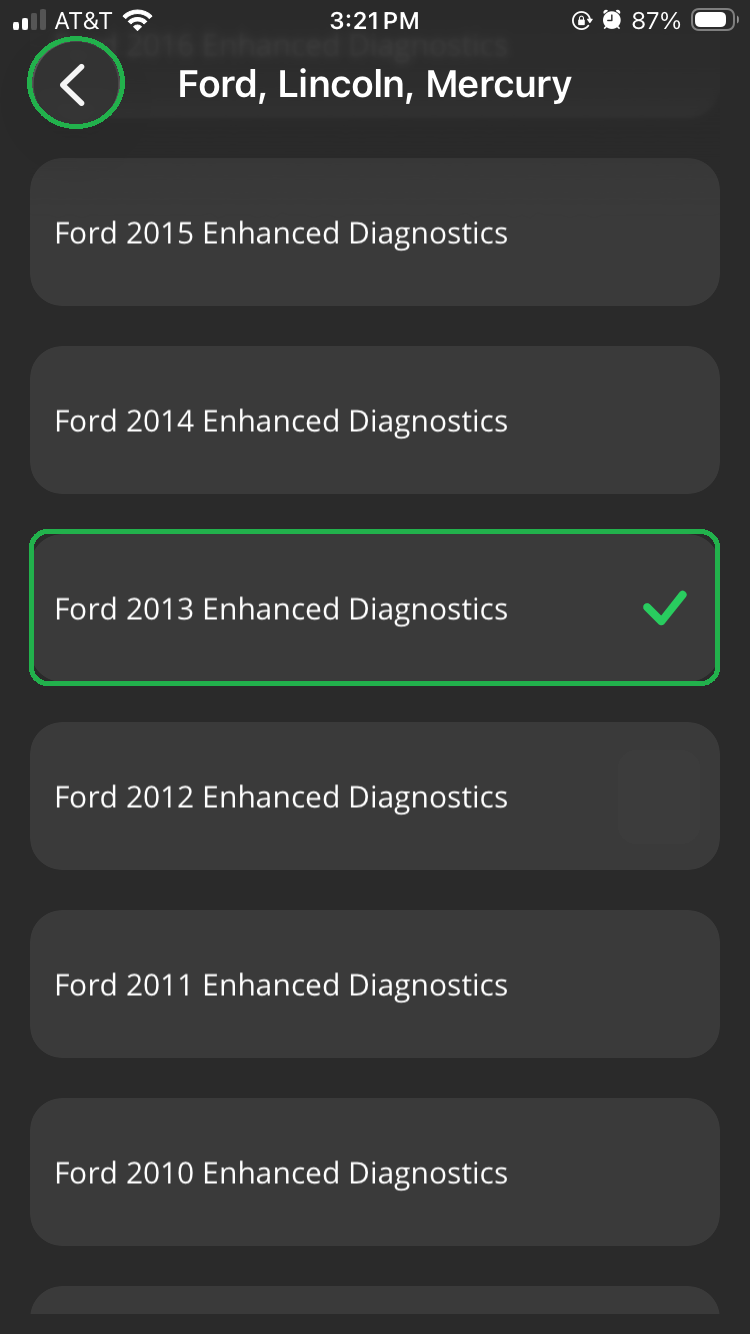 iOS screen showing a green checkmark by the Ford 2013 Enhanced Diagnostics option, which is highlighted. The Back Arrow is also highlighted.