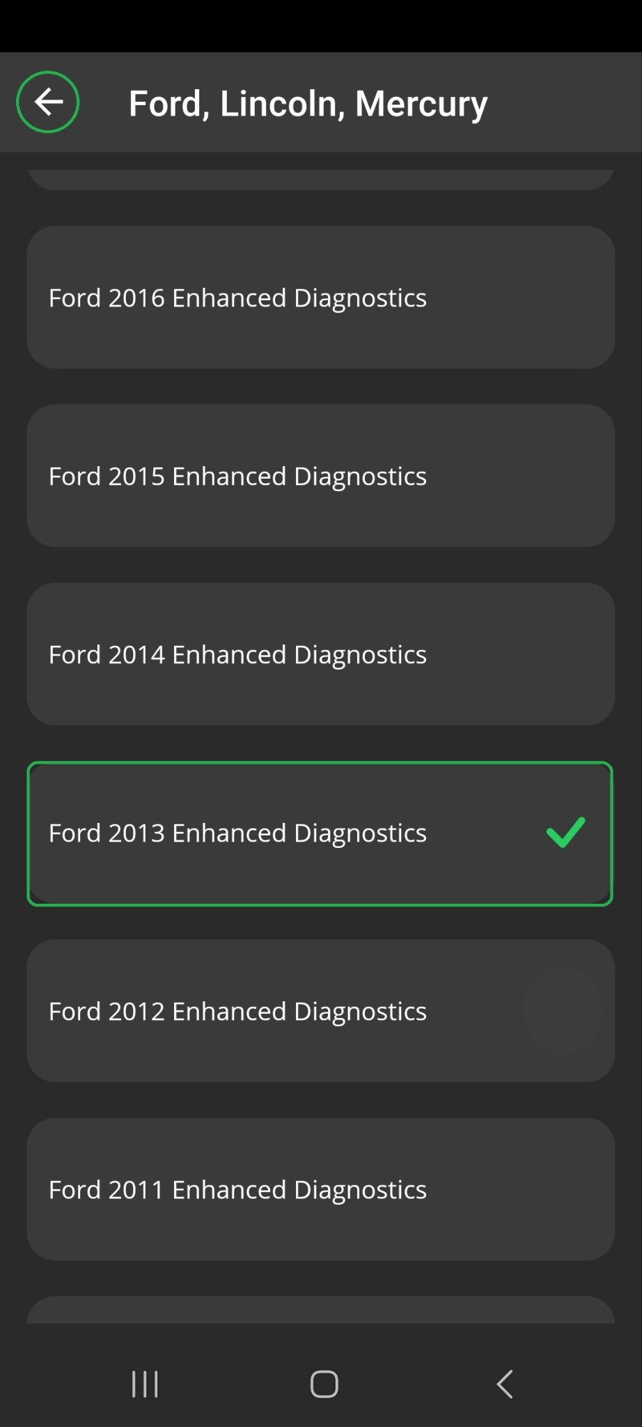 Android screen showing a green checkmark by the Ford 2013 Enhanced Diagnostics option, which is highlighted. The Back Arrow is also highlighted.