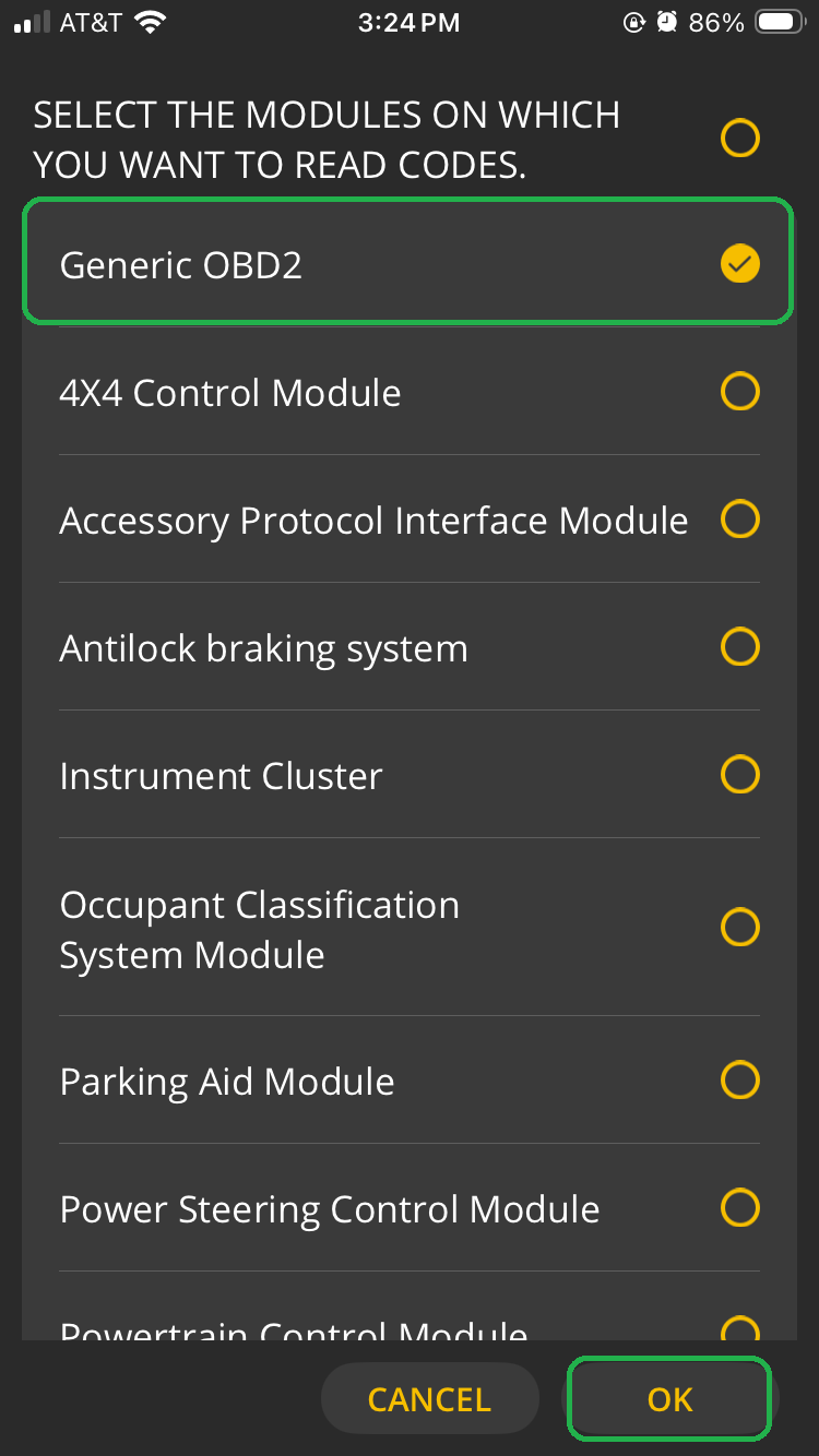 iOS screen showing Vehicle Diagnostic Network selection options. Generic OBD2 is checked and highlighted. The OK button is also highlighted.